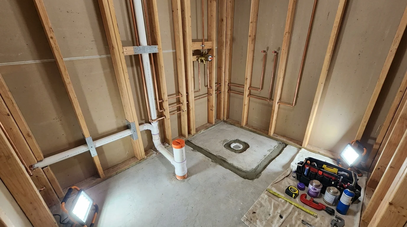 Bathroom rough-in plumbing during remodel by Johns Plumbing LLC in Cashton