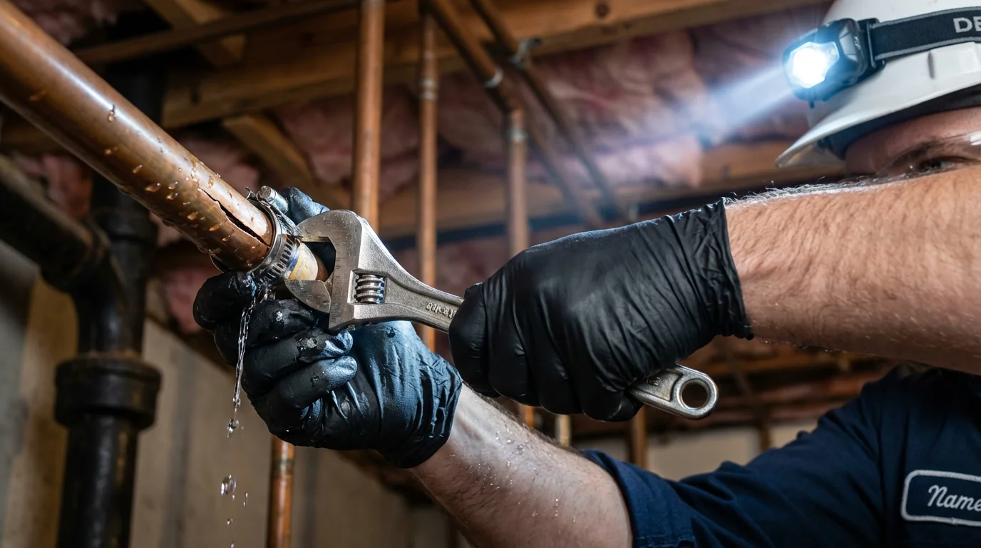Emergency pipe clamp repair being performed by a Johns Plumbing LLC plumber in Cashton