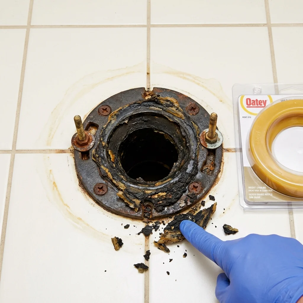 Failed wax ring showing water seepage at the base of a toilet in a Cashton, WI home