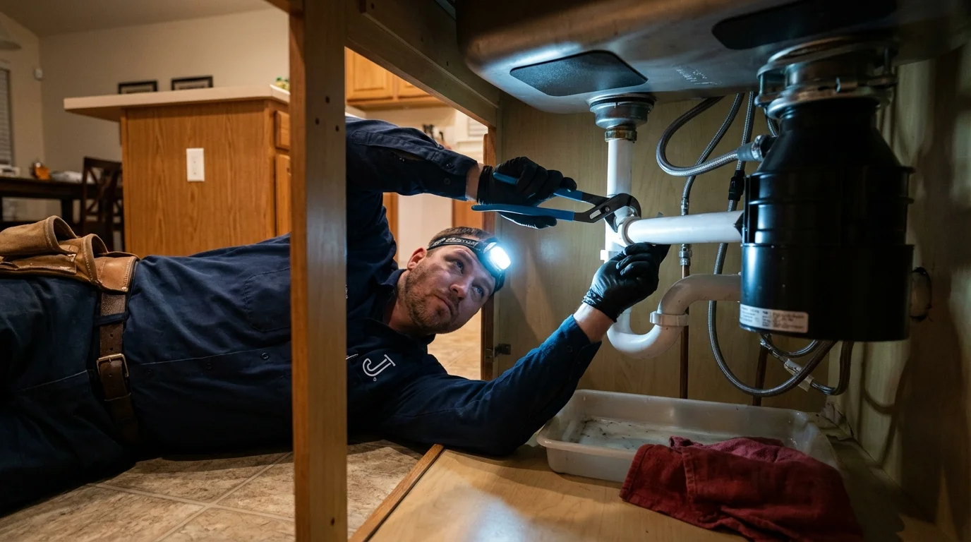 P-trap and supply line connections under a kitchen sink showing a common leak point in Cashton, WI